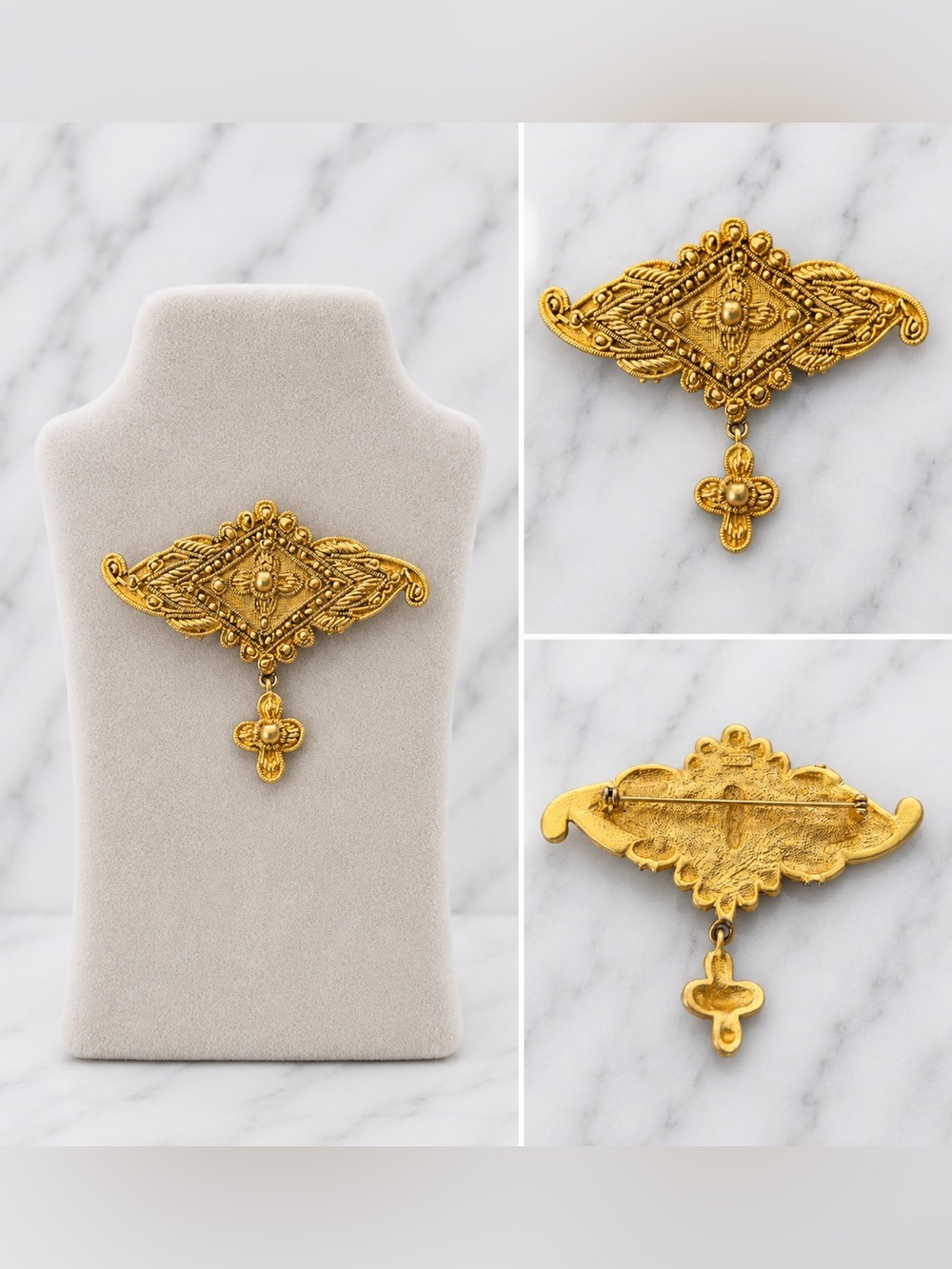 Vintage AJC Gold Tone Filigree Brooch Pin | Dangling Cross Pendant